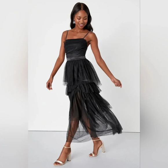 Lulus Sultry Sweetness Black Tiered Tulle Maxi Dress M Wedding Party Guest Dark - Picture 3 of 11